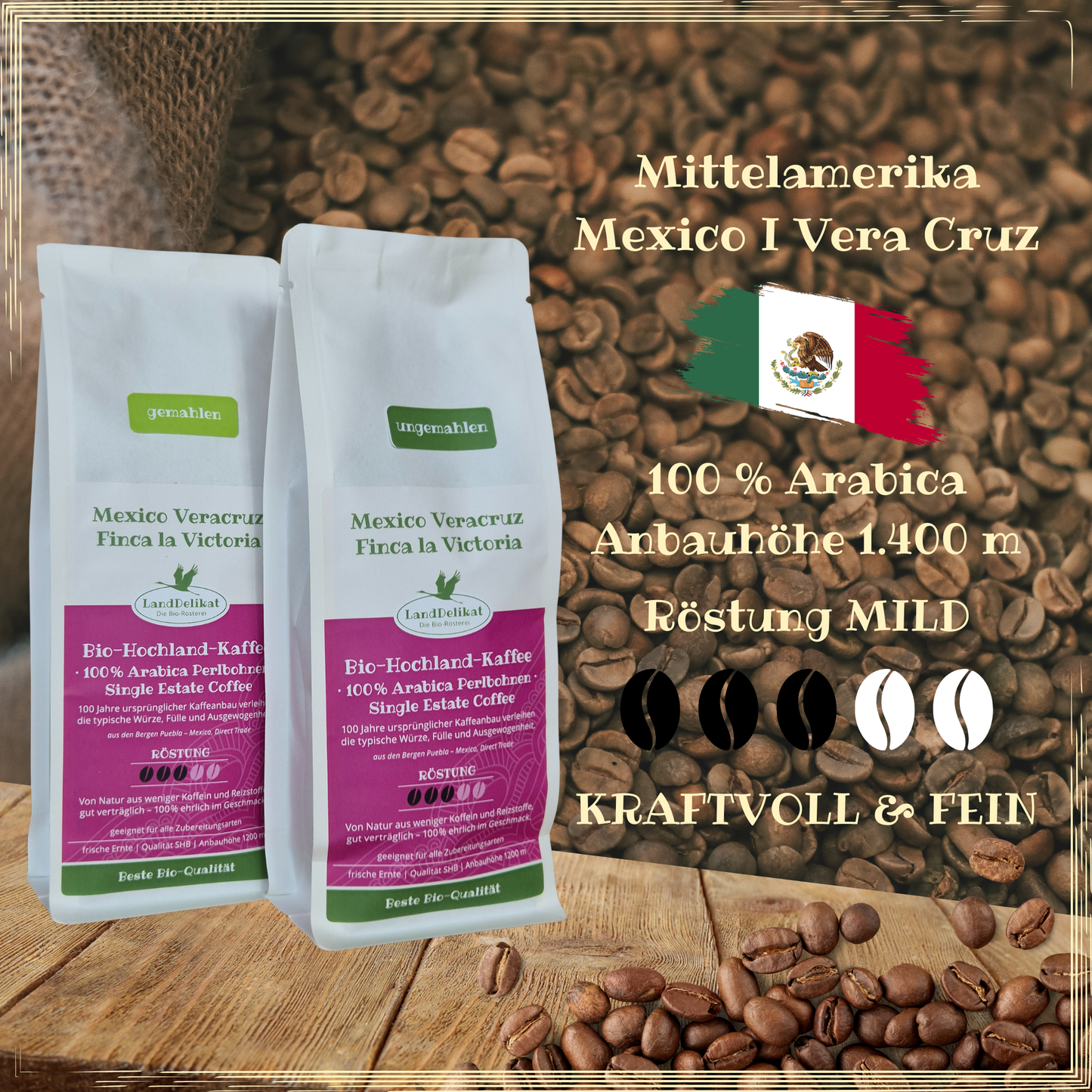 Bio-Hochlandkaffee I Mexico Perlbohne 100 % Arabica I gemahlen