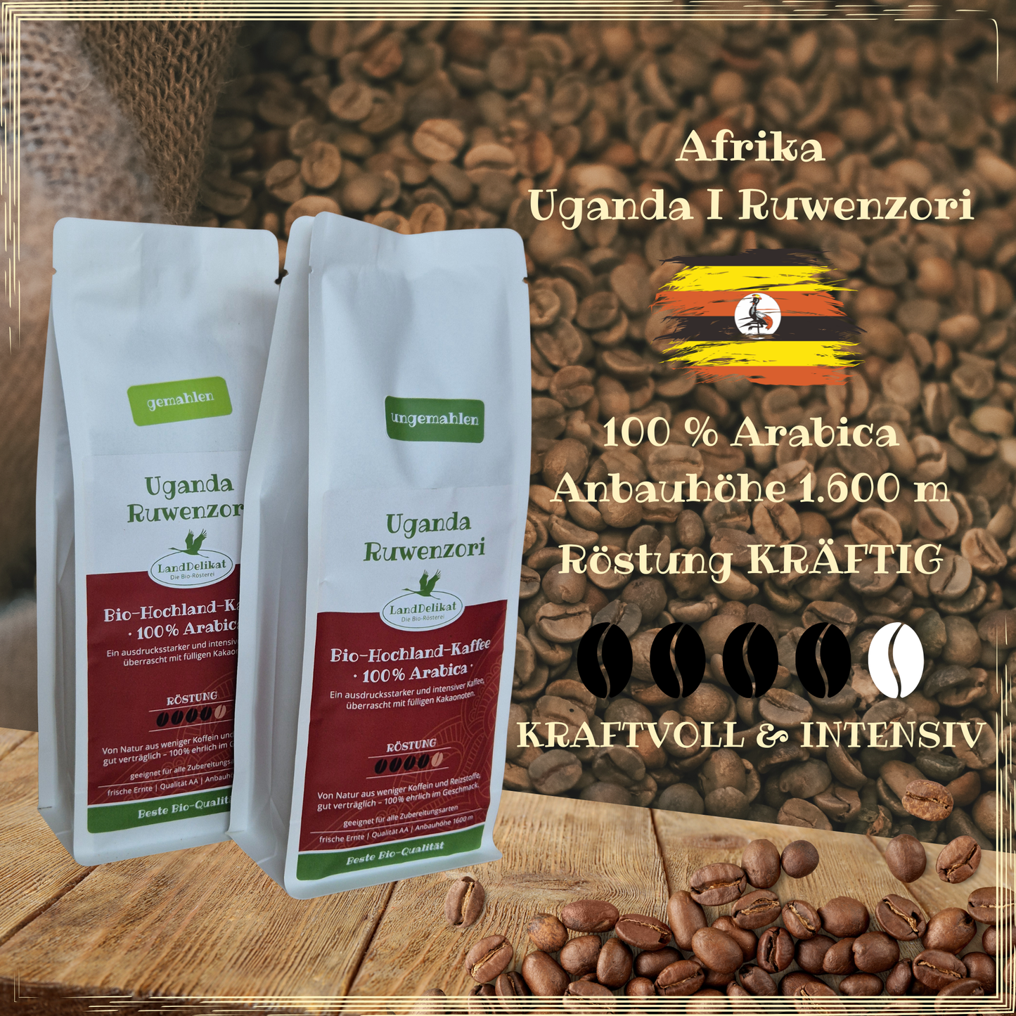 Bio-Hochlandkaffee I Uganda 100 % Arabica I kräftig I gemahlen