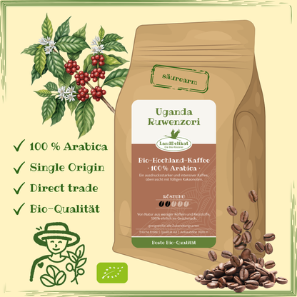 Bio-Hochlandkaffee I Uganda 100 % Arabica I mild I gemahlen