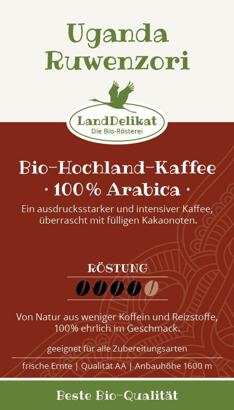 Bio-Hochlandkaffee I Uganda 100 % Arabica I kräftig I ungemahlen